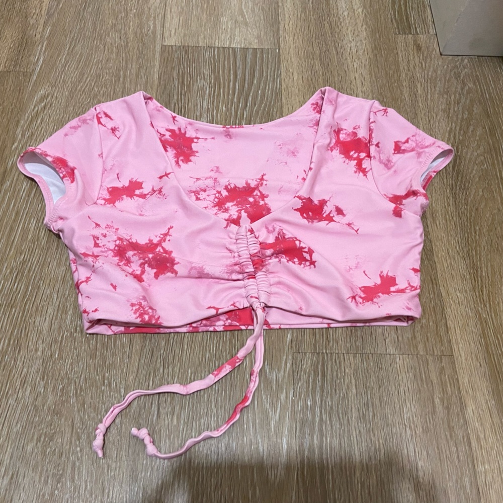 Pink tie dye short sleeve bikini top- Zaful size M